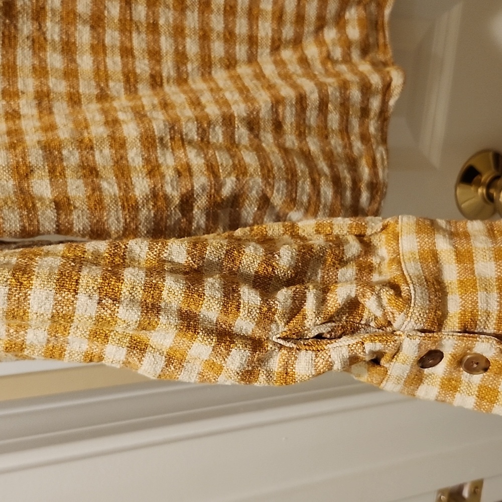 SEZANE EURIELLE Shirt Ochre Ecru Gingham Checks Organic cotton + linen | Size 6 - Picture 4 of 9